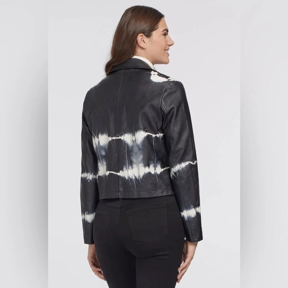 Tribal Women’s Black White Tie Dye Print Faux Vegan Leather Jacket Sz S NWT - Picture 2 of 13